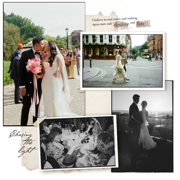 collage of four Liverpool wedding photos in nostalgic style