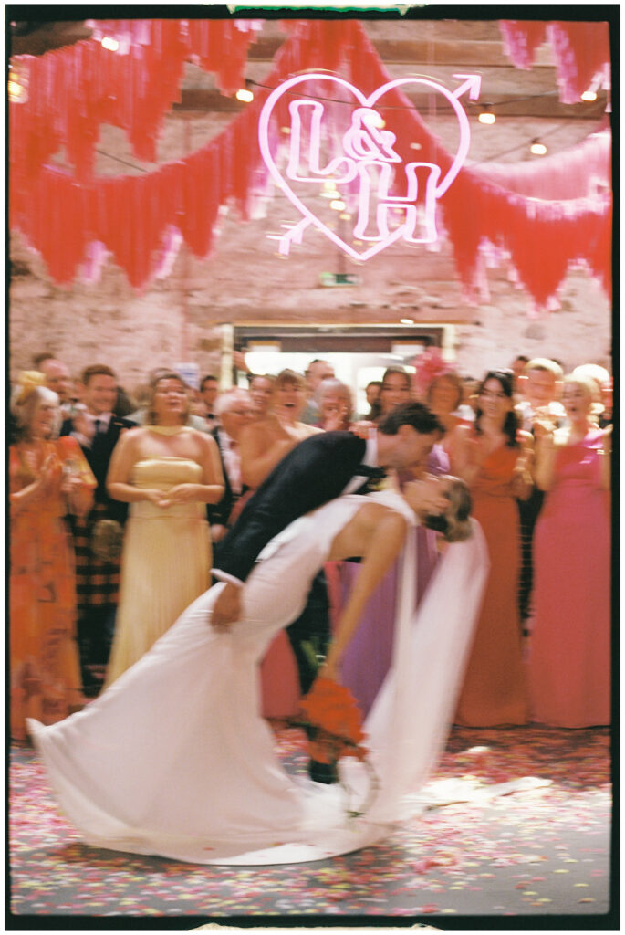 Bride and groom captured on film during their Kinkell Byre wedding in St Andrews, Scotland