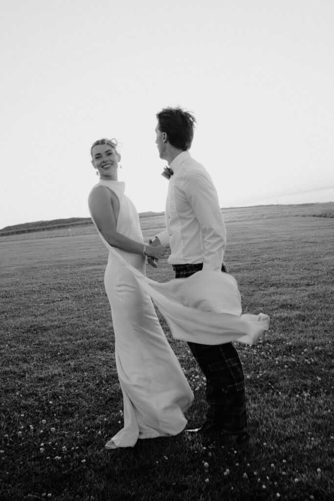 Bride and groom at sunset shot on  film -wedding photographer Scotland