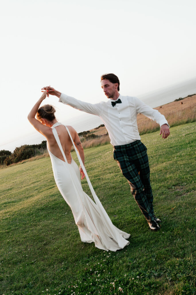 Bride and groom at sunset shot on  film -wedding photographer Scotland